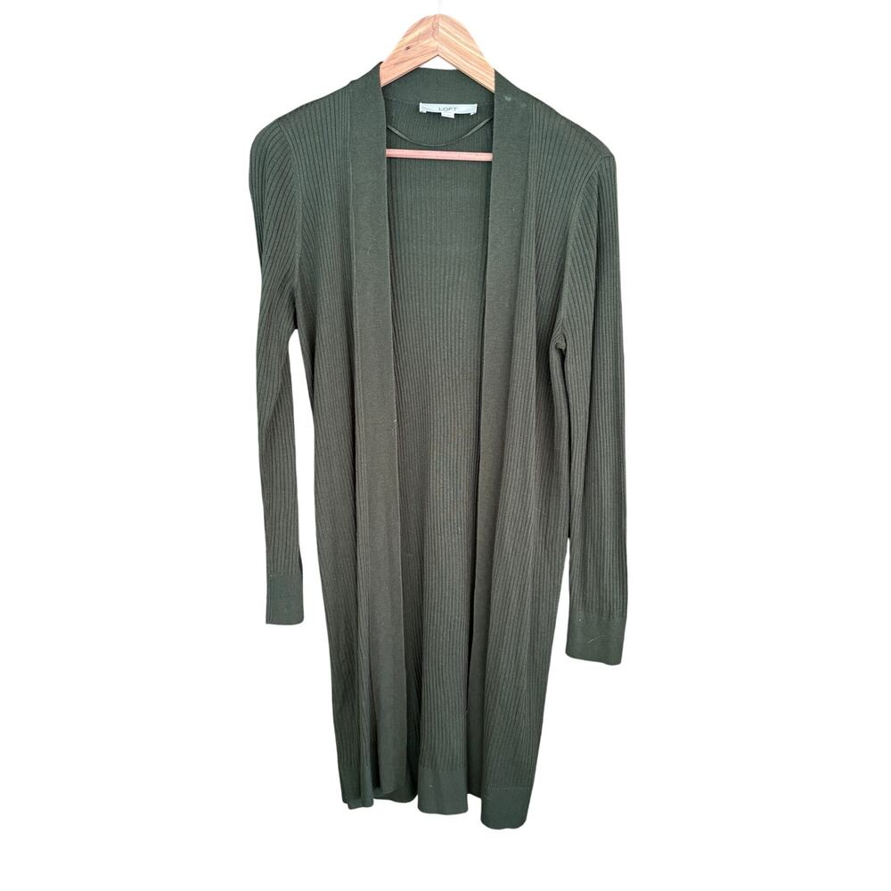 LOFT Ribbed Knit Cardigan M Green Sweater Open Front Long Line Lightweight